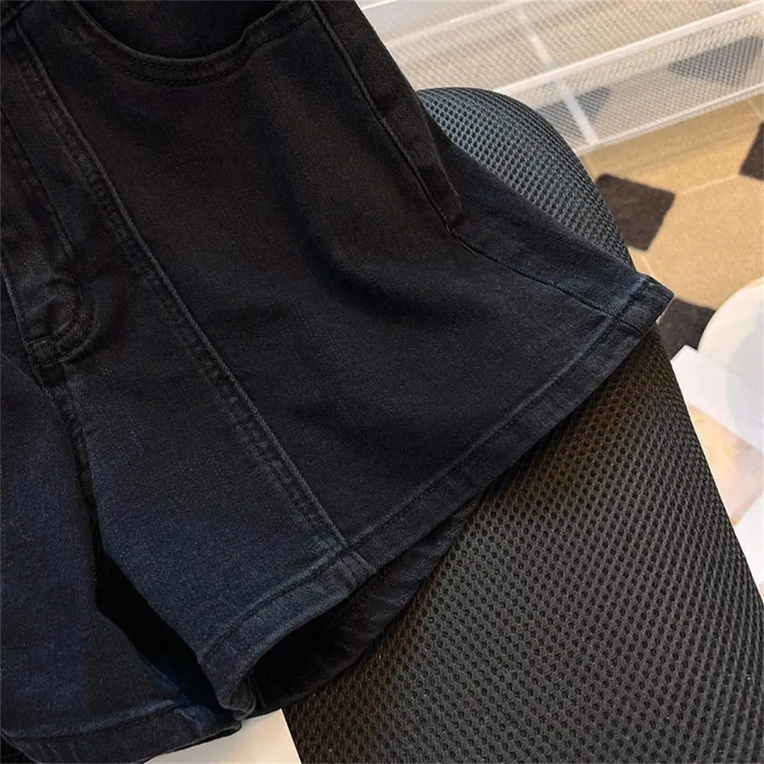 Elegant Three Breasted Denim Shorts Women Spring Summer High Waisted Wide Leg Jeans Fashion Double Pocket Slim Fit Shorts