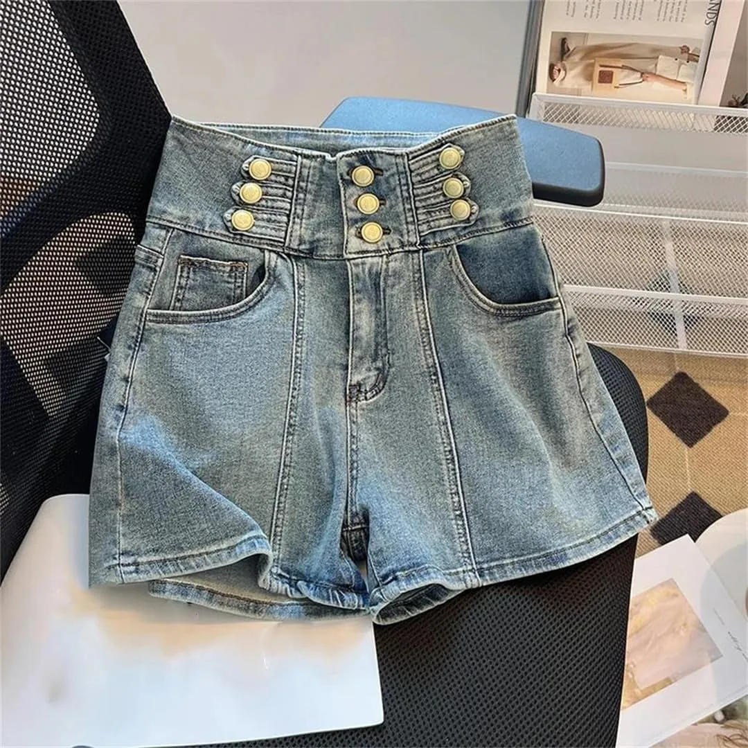Elegant Three Breasted Denim Shorts Women Spring Summer High Waisted Wide Leg Jeans Fashion Double Pocket Slim Fit Shorts