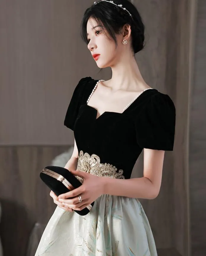 Elegant Velvet Short Sleeve Square Neck Embroidered Applique A-Line Prom Dress,SFPD0186