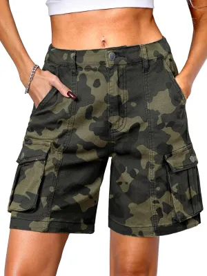 ELLEVEN Bermuda Cargo Shorts Women, Elastic High Waist 6 Pockets Shorts 7 Inch Inseam Summer Jorts for Women Casual