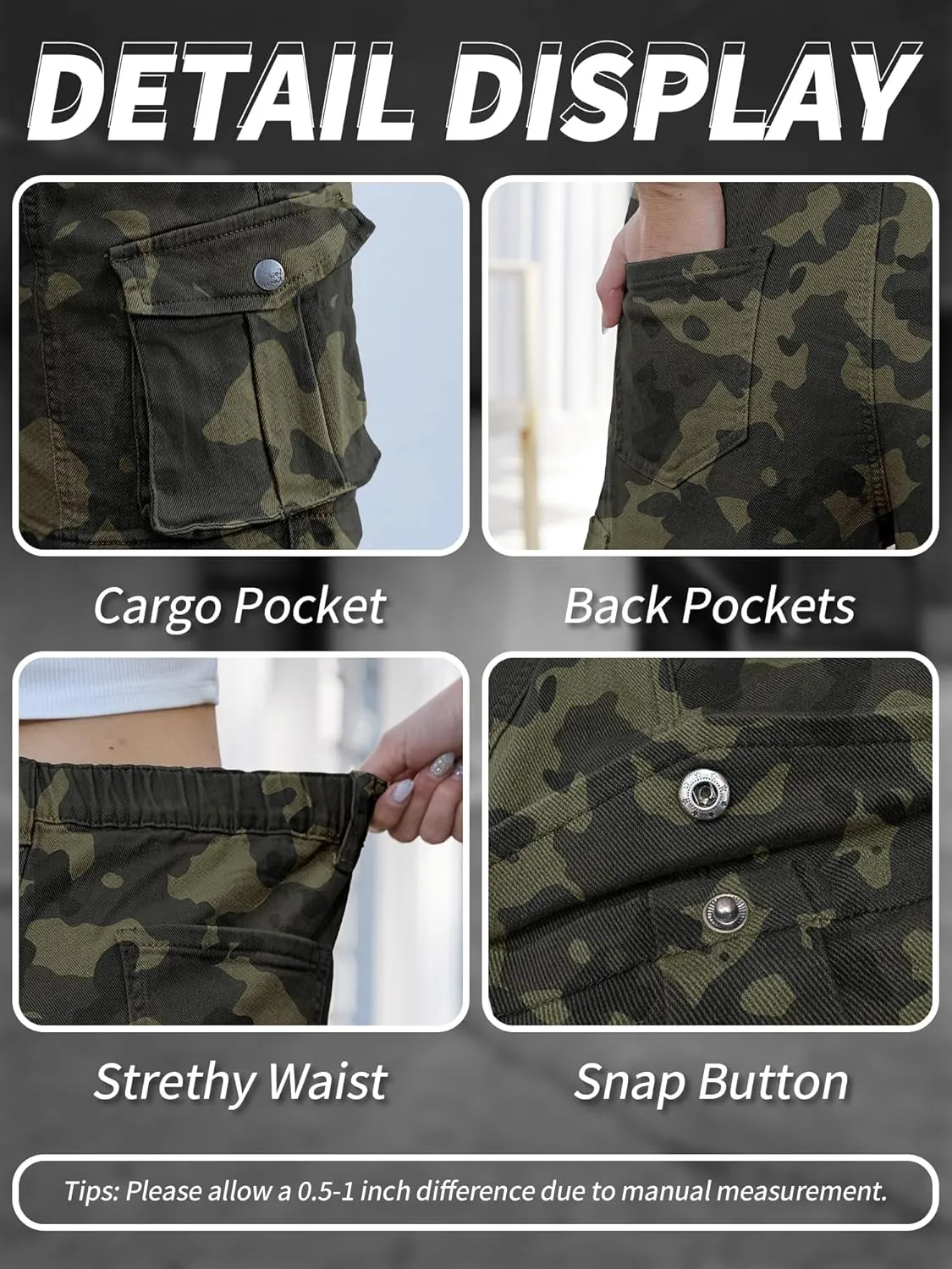 ELLEVEN Bermuda Cargo Shorts Women, Elastic High Waist 6 Pockets Shorts 7 Inch Inseam Summer Jorts for Women Casual