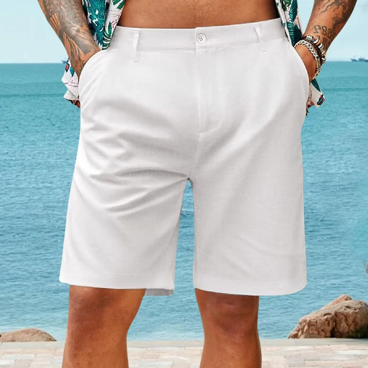 evzosrz Mens Stretch Flat Front Chino Shorts Casual Slim-Fit Breathable Short Pants Fashion Straight Solid Color Golf Shorts