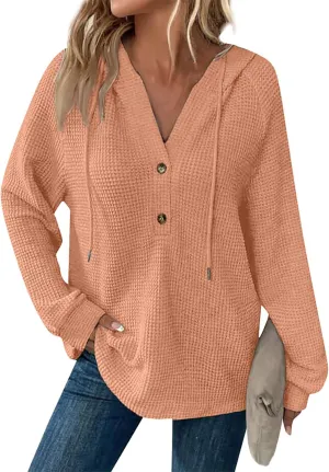 Fall Hoodies for Women Waffle Knit Raglan Long Sleeve Tops V Neck Button Down Shirts Hooded Tunic Pullover Sweaters