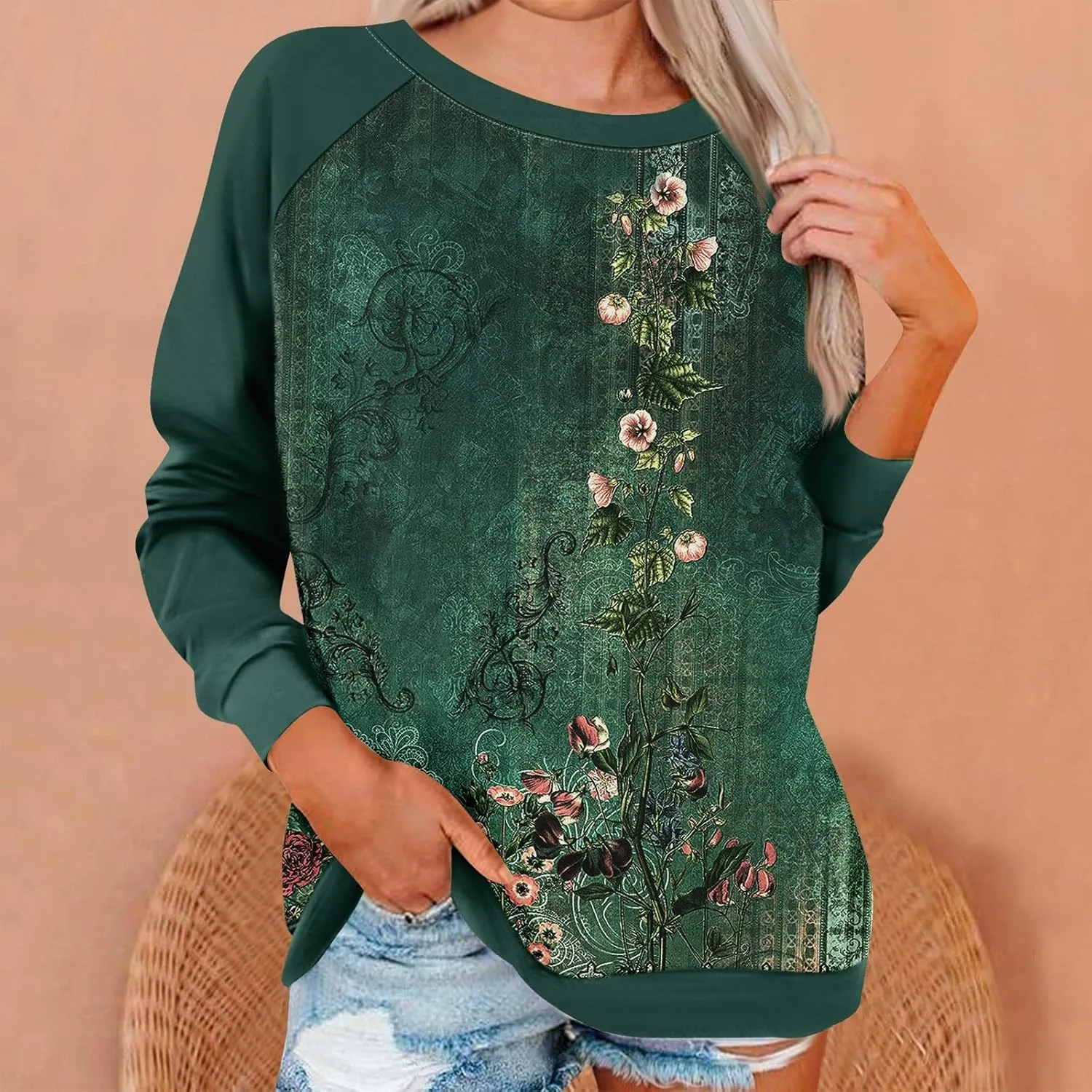 Fall Womens Clothes 2024 Floral Print Crewneck Cute Sweatshirt Long Sleeve Oversized Basics Clothes Clothing