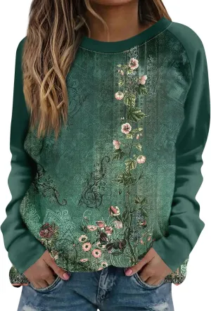 Fall Womens Clothes 2024 Floral Print Crewneck Cute Sweatshirt Long Sleeve Oversized Basics Clothes Clothing