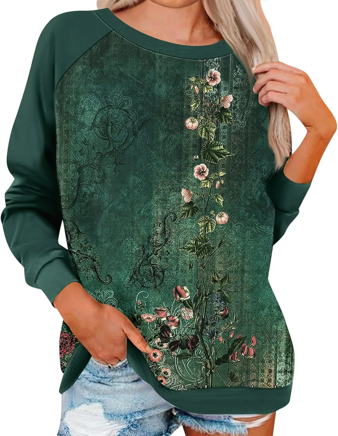 Fall Womens Clothes 2024 Floral Print Crewneck Cute Sweatshirt Long Sleeve Oversized Basics Clothes Clothing