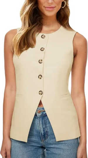 Fallorchid Womens Round neck Suit Vest Sleeveless Button Business Jacket Waistcoat Top