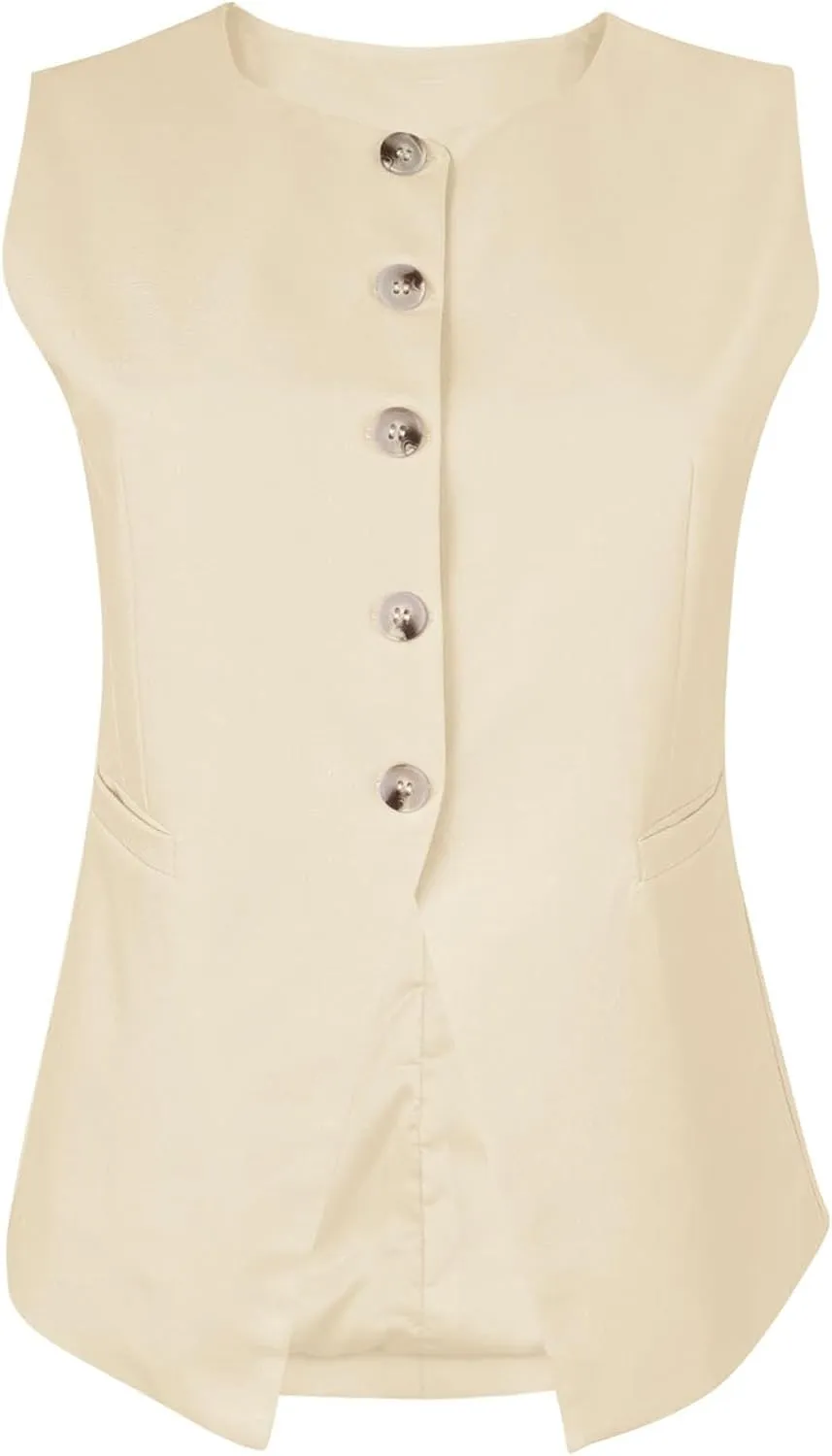 Fallorchid Womens Round neck Suit Vest Sleeveless Button Business Jacket Waistcoat Top