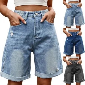 fanmpghleoo Jorts Women Baggy High Waisted Long Jean Shorts Wide Leg Denim Bermuda Shorts Knee Length Trendy Ripped Jeans