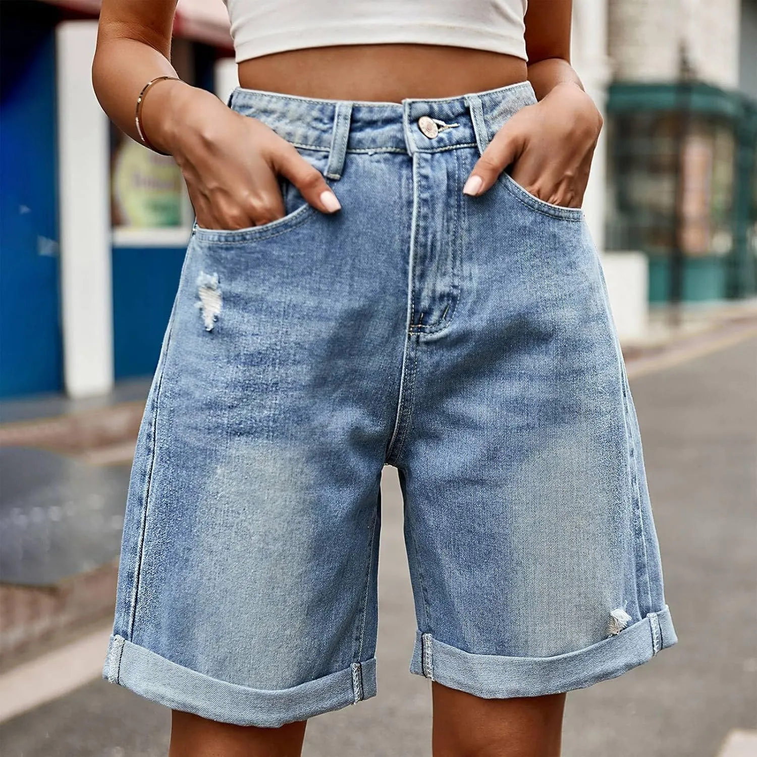 fanmpghleoo Jorts Women Baggy High Waisted Long Jean Shorts Wide Leg Denim Bermuda Shorts Knee Length Trendy Ripped Jeans