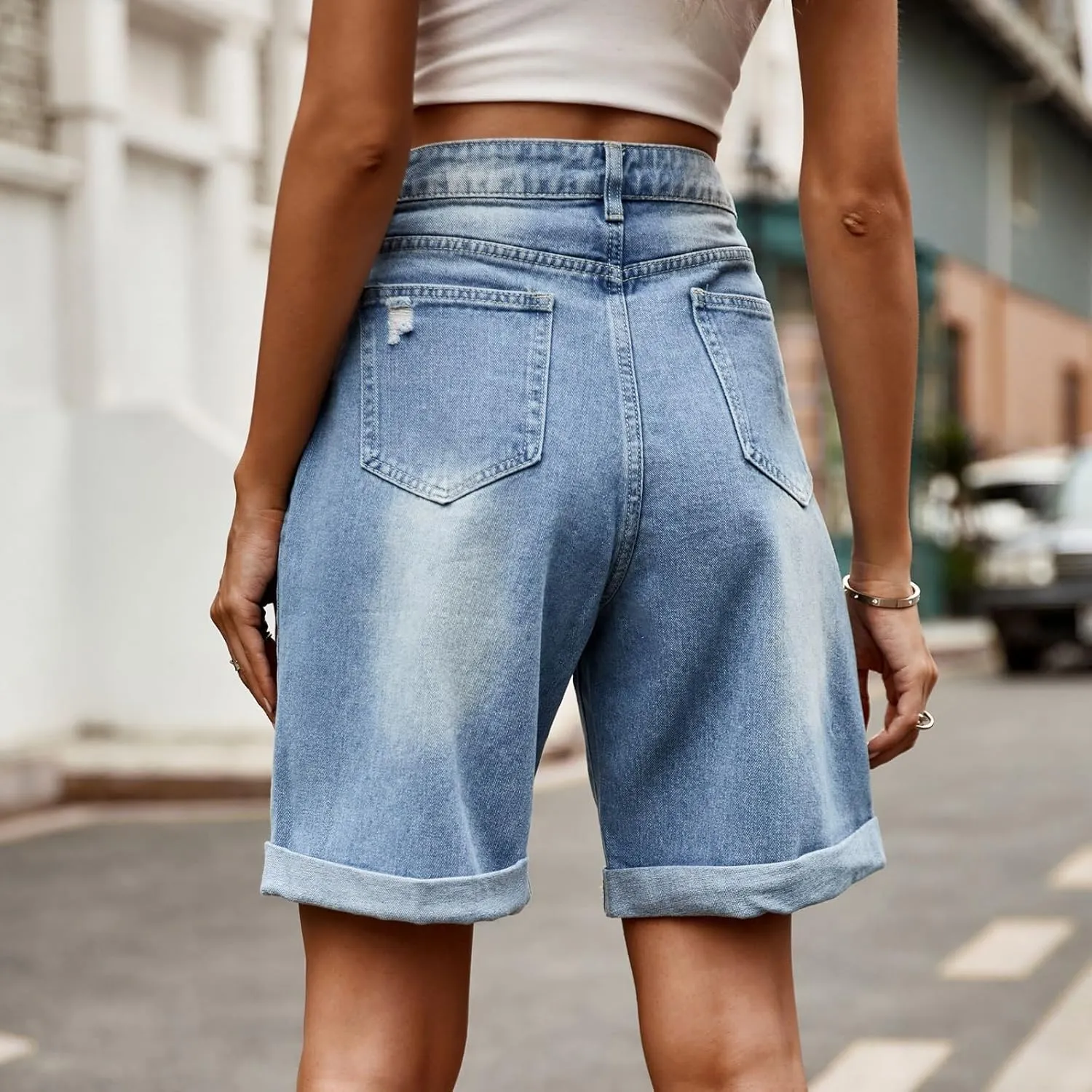 fanmpghleoo Jorts Women Baggy High Waisted Long Jean Shorts Wide Leg Denim Bermuda Shorts Knee Length Trendy Ripped Jeans