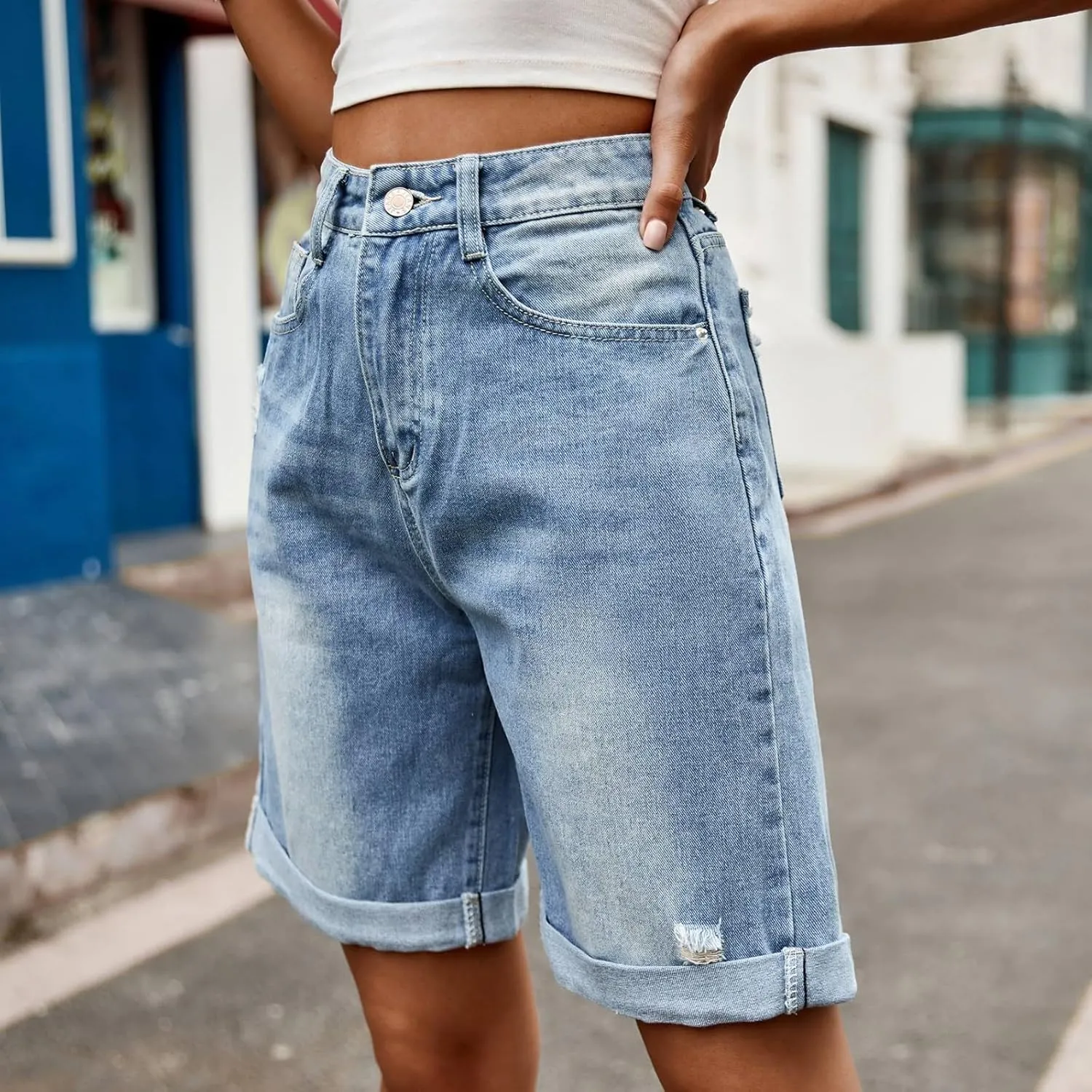fanmpghleoo Jorts Women Baggy High Waisted Long Jean Shorts Wide Leg Denim Bermuda Shorts Knee Length Trendy Ripped Jeans