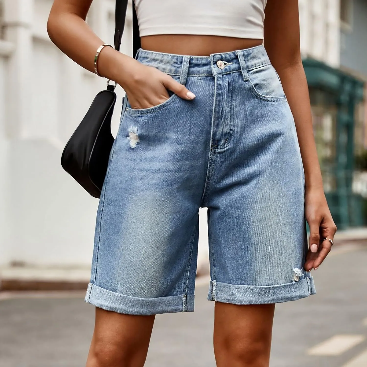 fanmpghleoo Jorts Women Baggy High Waisted Long Jean Shorts Wide Leg Denim Bermuda Shorts Knee Length Trendy Ripped Jeans