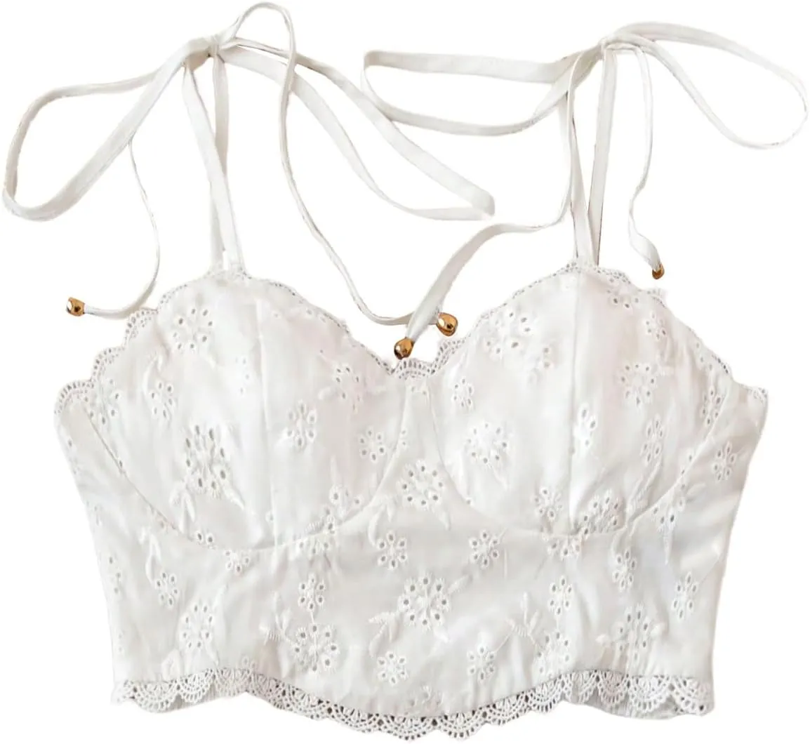 Floerns Women's Lace Trim Sleeveless Camisole Tie Shoulder Cute Crop Cami Top