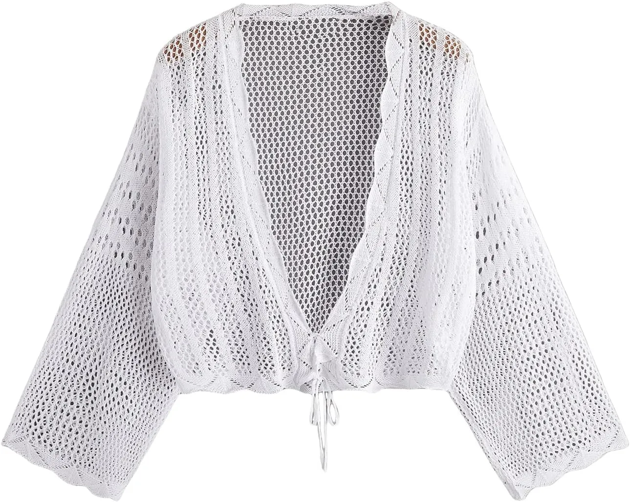 Floerns Women's Plus Size Tie Front Long Sleeve Crochet Cardigan Crop Top
