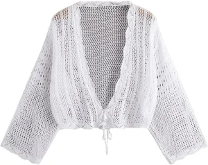 Floerns Women's Plus Size Tie Front Long Sleeve Crochet Cardigan Crop Top
