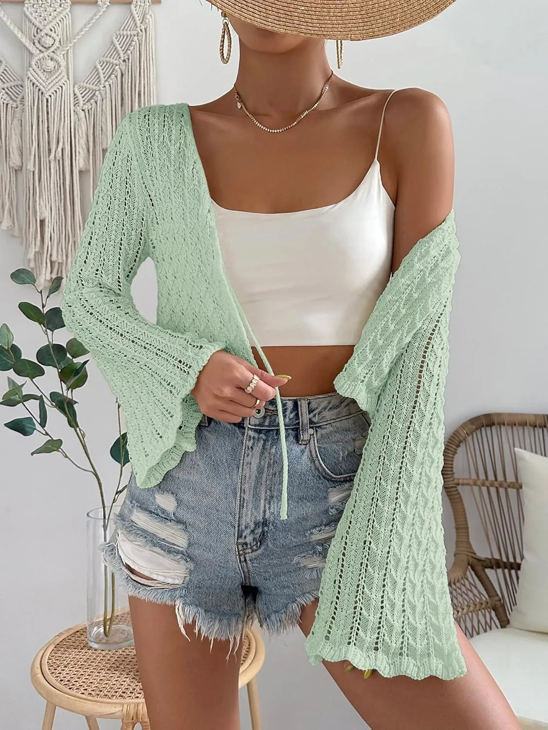 Floerns Women's Scallop Trim Trumpet Long Sleeve Tie Front Cardigan Crop Top