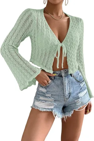 Floerns Women's Scallop Trim Trumpet Long Sleeve Tie Front Cardigan Crop Top