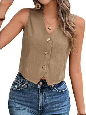 Floerns Women's Sleeveless Button Down Vest Shirts V Neck Waistcoat Tank Top