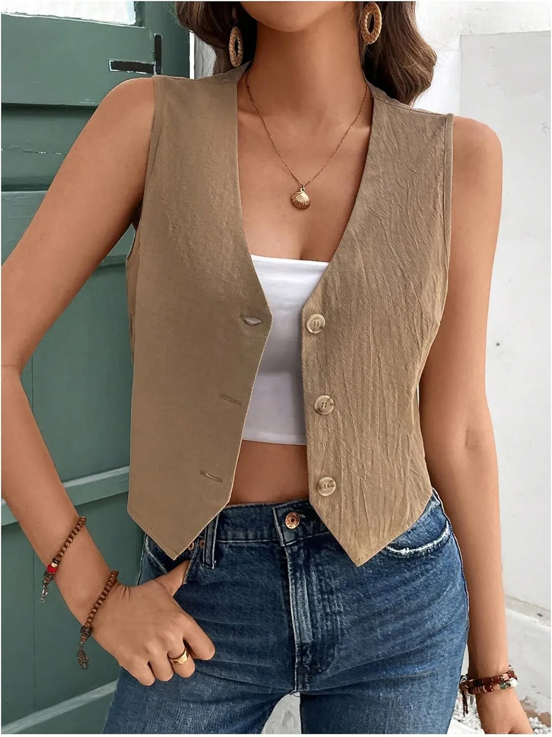Floerns Women's Sleeveless Button Down Vest Shirts V Neck Waistcoat Tank Top