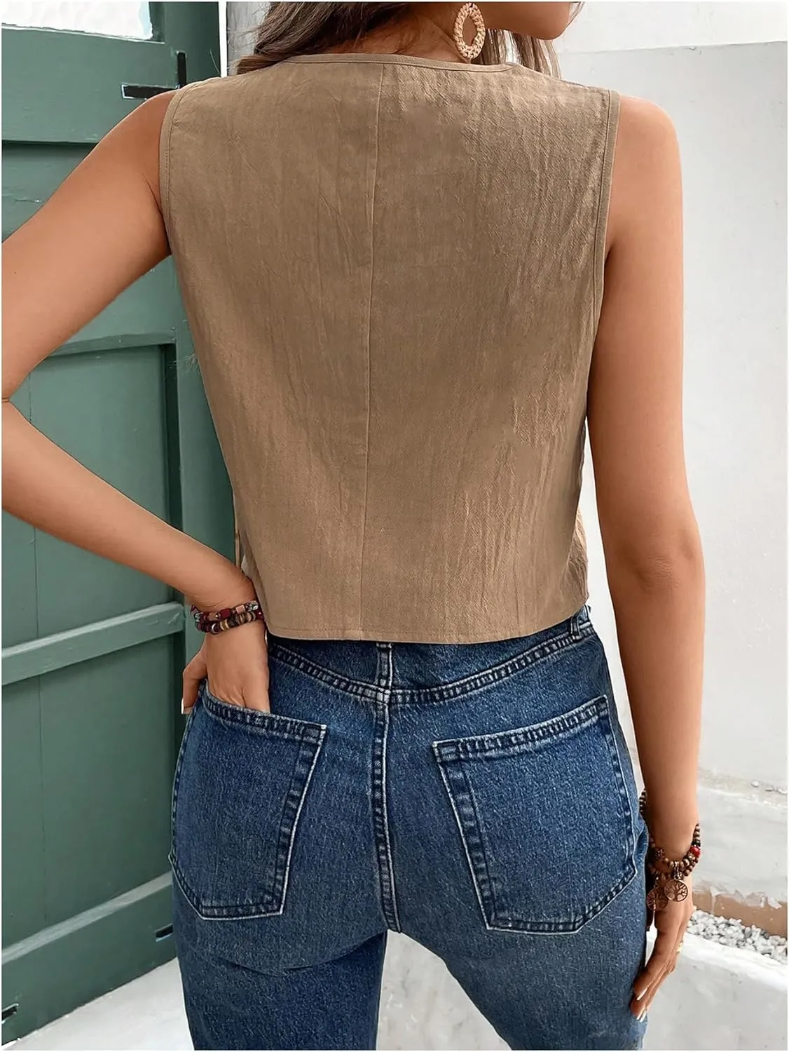 Floerns Women's Sleeveless Button Down Vest Shirts V Neck Waistcoat Tank Top