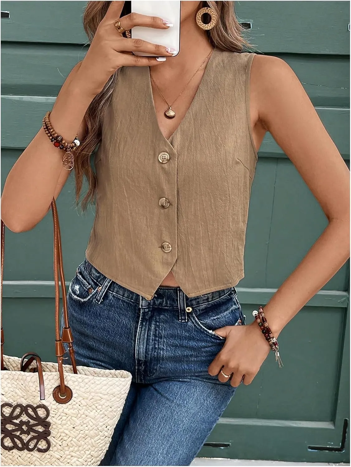 Floerns Women's Sleeveless Button Down Vest Shirts V Neck Waistcoat Tank Top