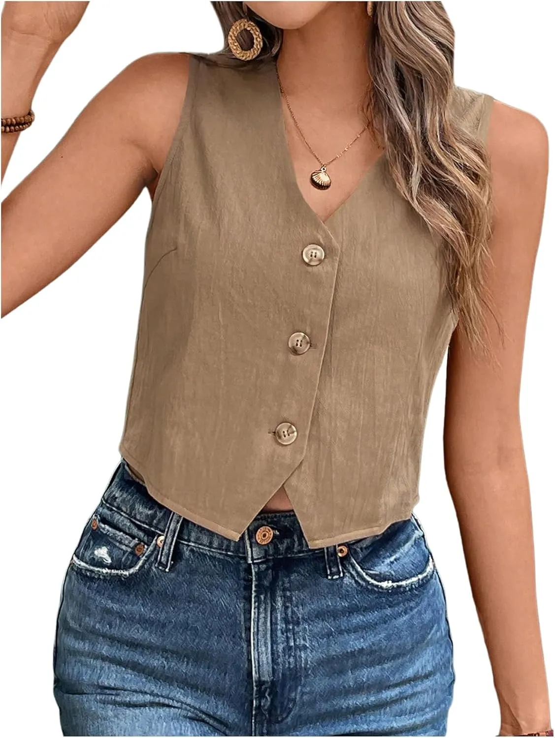Floerns Women's Sleeveless Button Down Vest Shirts V Neck Waistcoat Tank Top