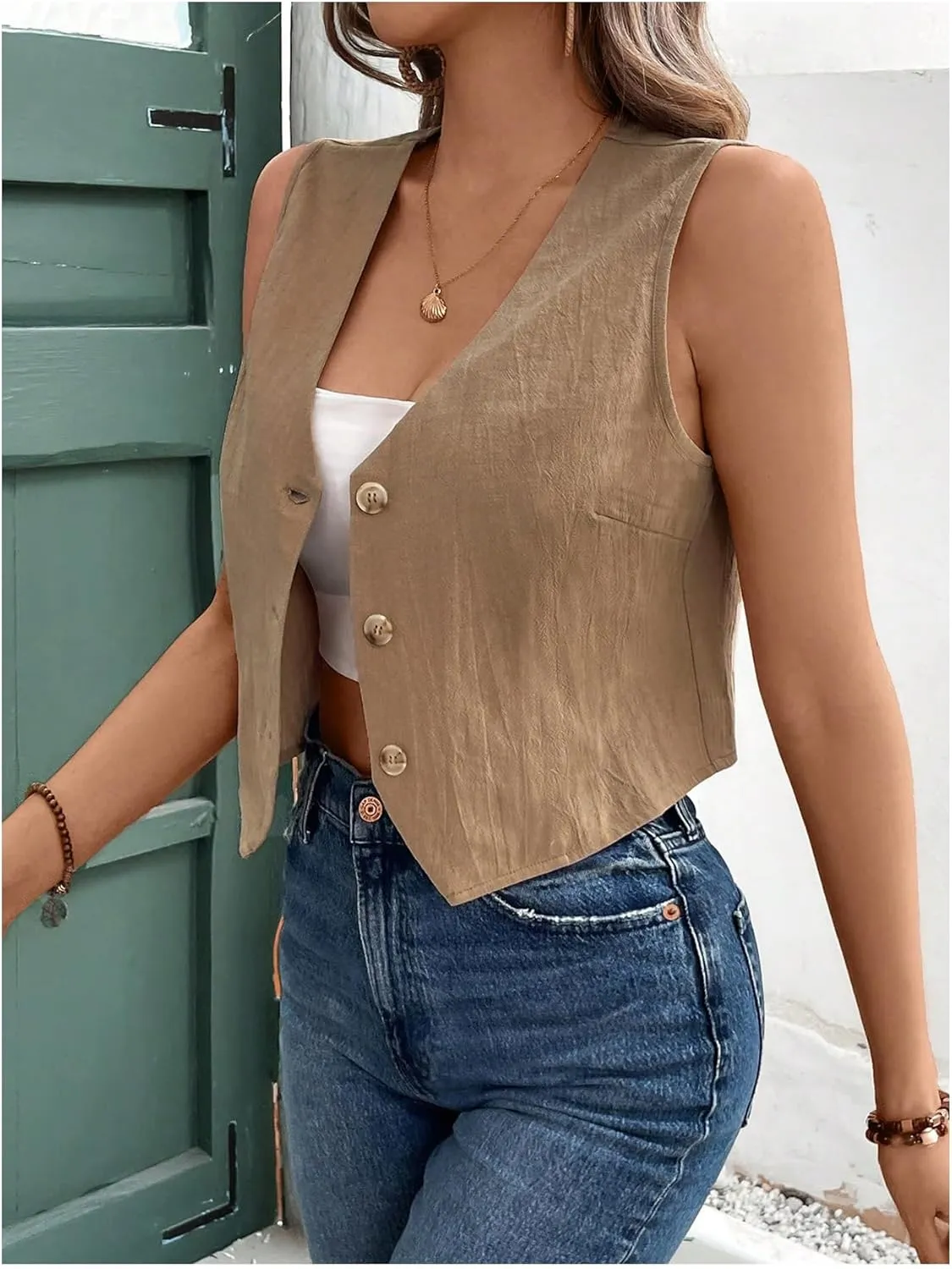Floerns Women's Sleeveless Button Down Vest Shirts V Neck Waistcoat Tank Top