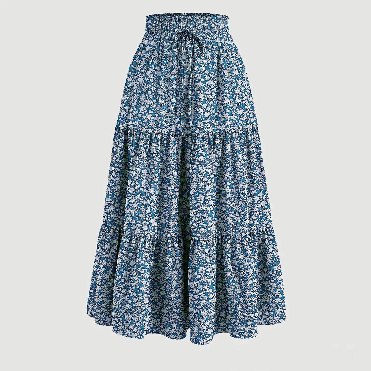 Floral Maxi Skirts for Women Trendy Summer Boho Tiered Long Flowy Skirt Drawstring High Waisted Swing A-Line Skirt