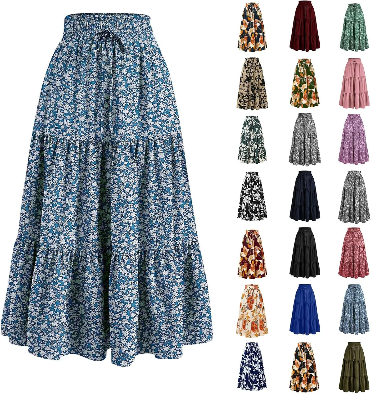 Floral Maxi Skirts for Women Trendy Summer Boho Tiered Long Flowy Skirt Drawstring High Waisted Swing A-Line Skirt