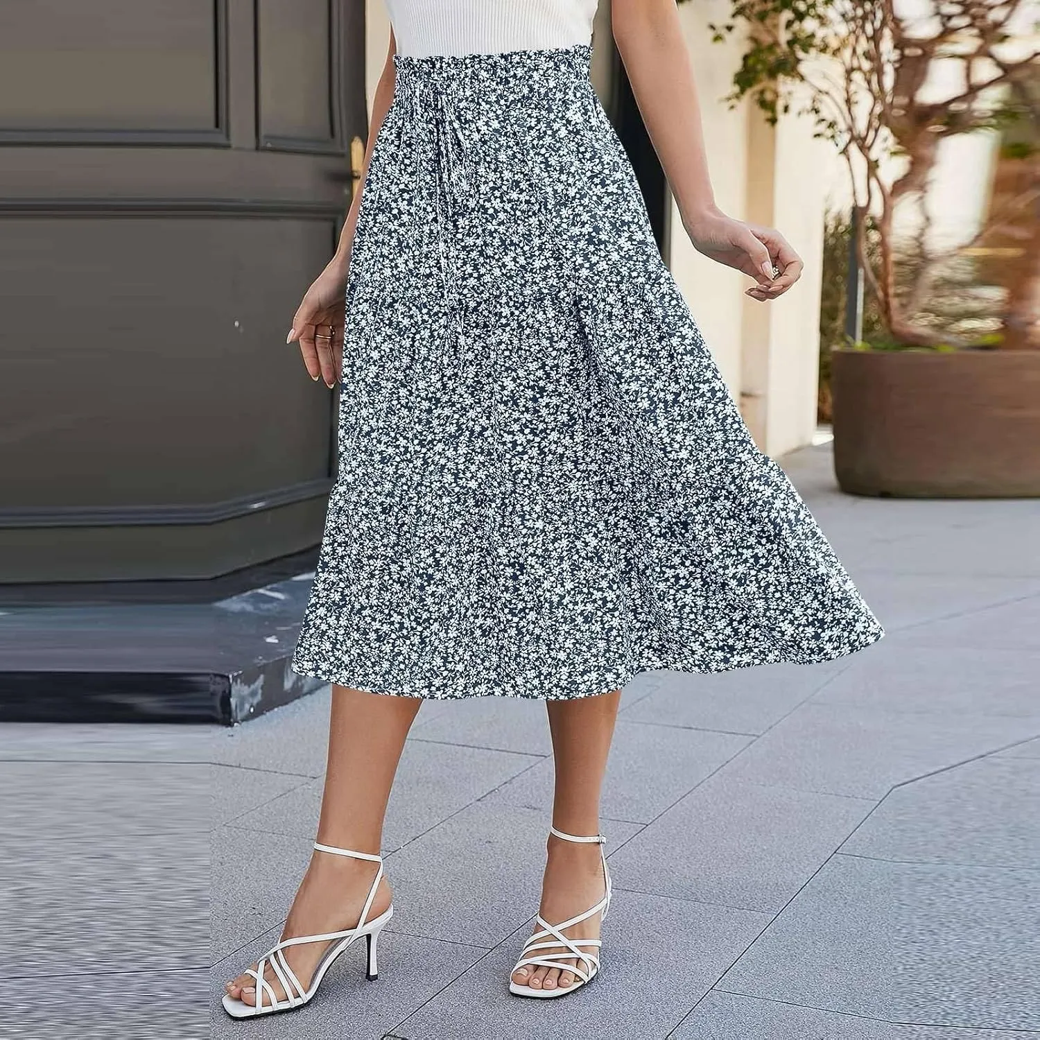 Floral Maxi Skirts for Women Trendy Summer Boho Tiered Long Flowy Skirt Drawstring High Waisted Swing A-Line Skirt