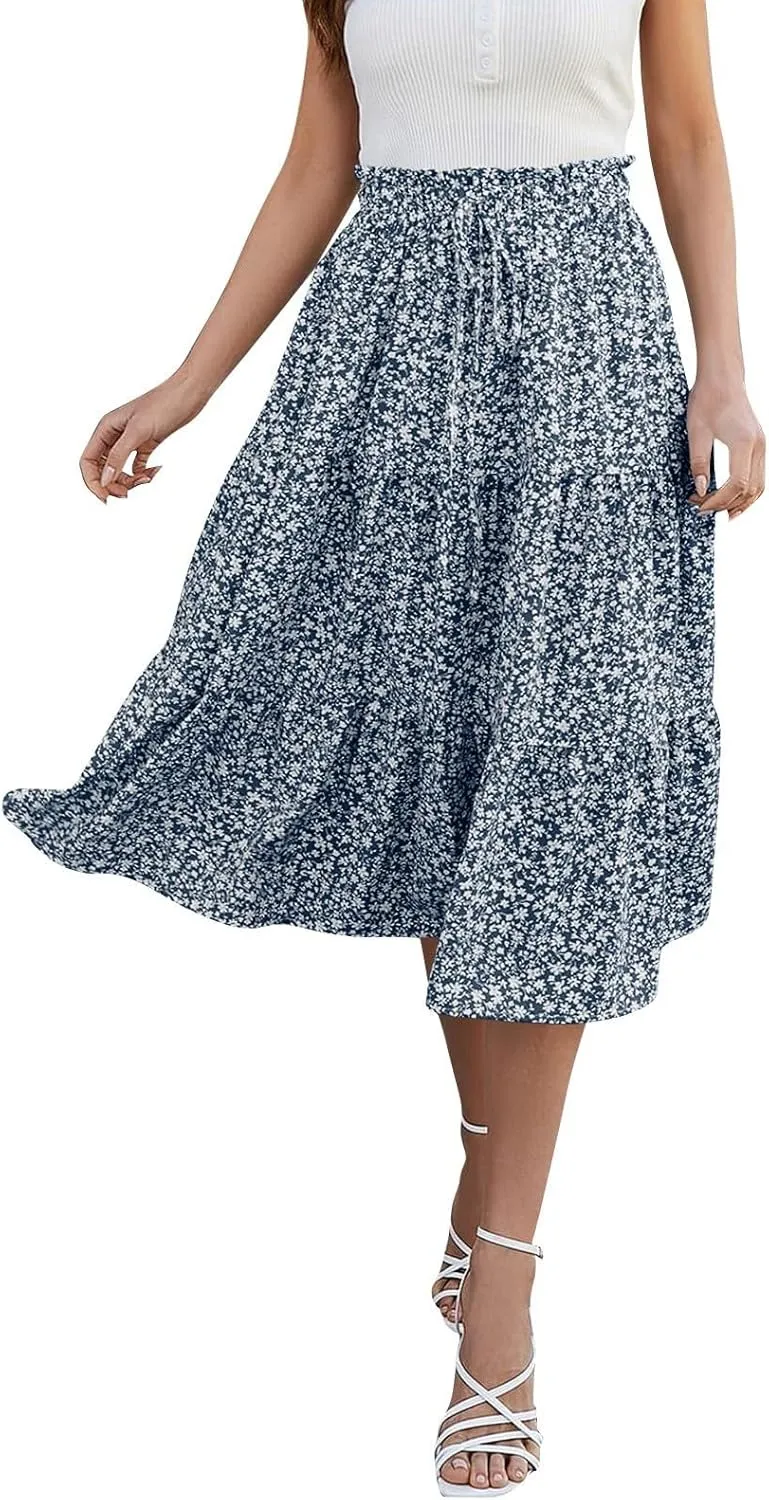 Floral Maxi Skirts for Women Trendy Summer Boho Tiered Long Flowy Skirt Drawstring High Waisted Swing A-Line Skirt