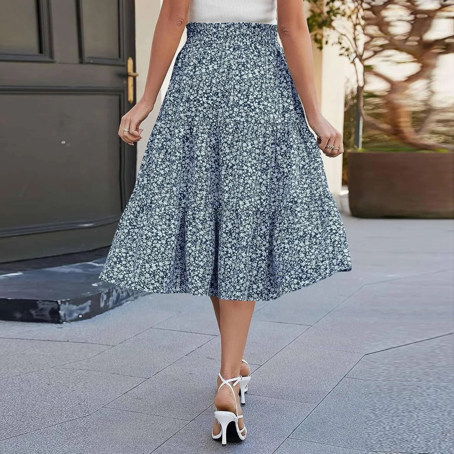 Floral Maxi Skirts for Women Trendy Summer Boho Tiered Long Flowy Skirt Drawstring High Waisted Swing A-Line Skirt