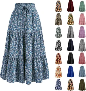 Floral Maxi Skirts for Women Trendy Summer Boho Tiered Long Flowy Skirt Drawstring High Waisted Swing A-Line Skirt