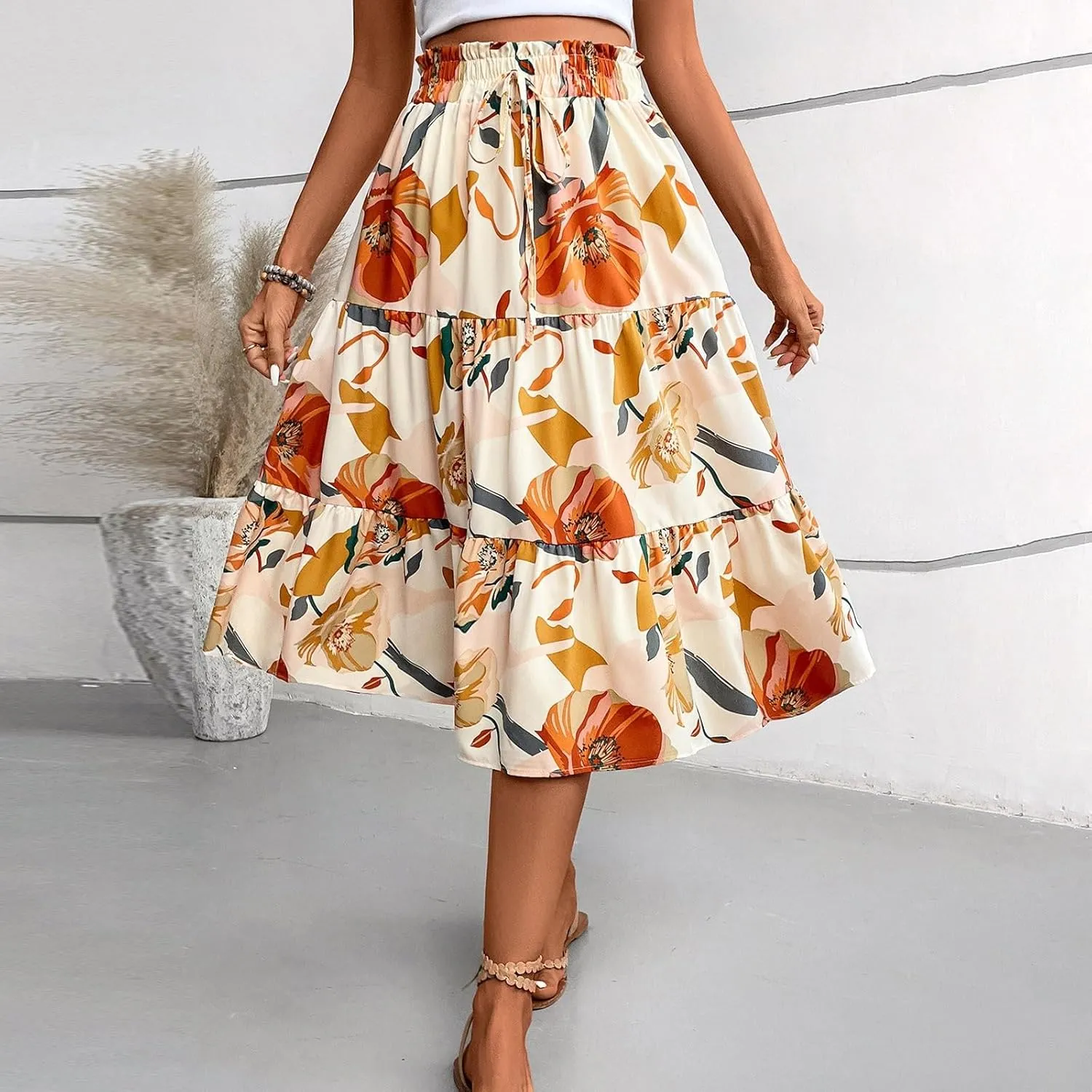 Floral Midi Skirts for Women Drawstring Waist Ruffle Hem Tiered Flowy Long Skirt A Line Boho Pleated Floral Skirt