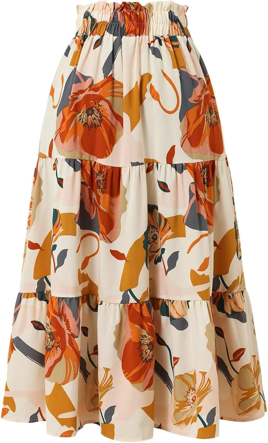 Floral Midi Skirts for Women Drawstring Waist Ruffle Hem Tiered Flowy Long Skirt A Line Boho Pleated Floral Skirt