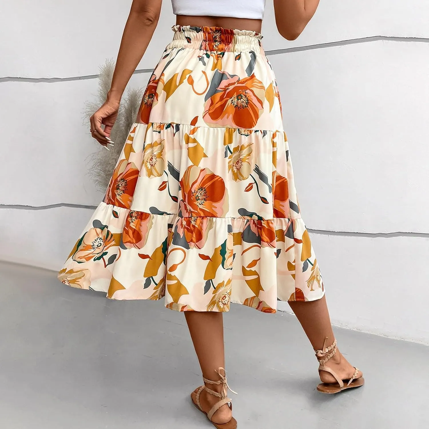 Floral Midi Skirts for Women Drawstring Waist Ruffle Hem Tiered Flowy Long Skirt A Line Boho Pleated Floral Skirt