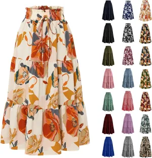 Floral Midi Skirts for Women Drawstring Waist Ruffle Hem Tiered Flowy Long Skirt A Line Boho Pleated Floral Skirt