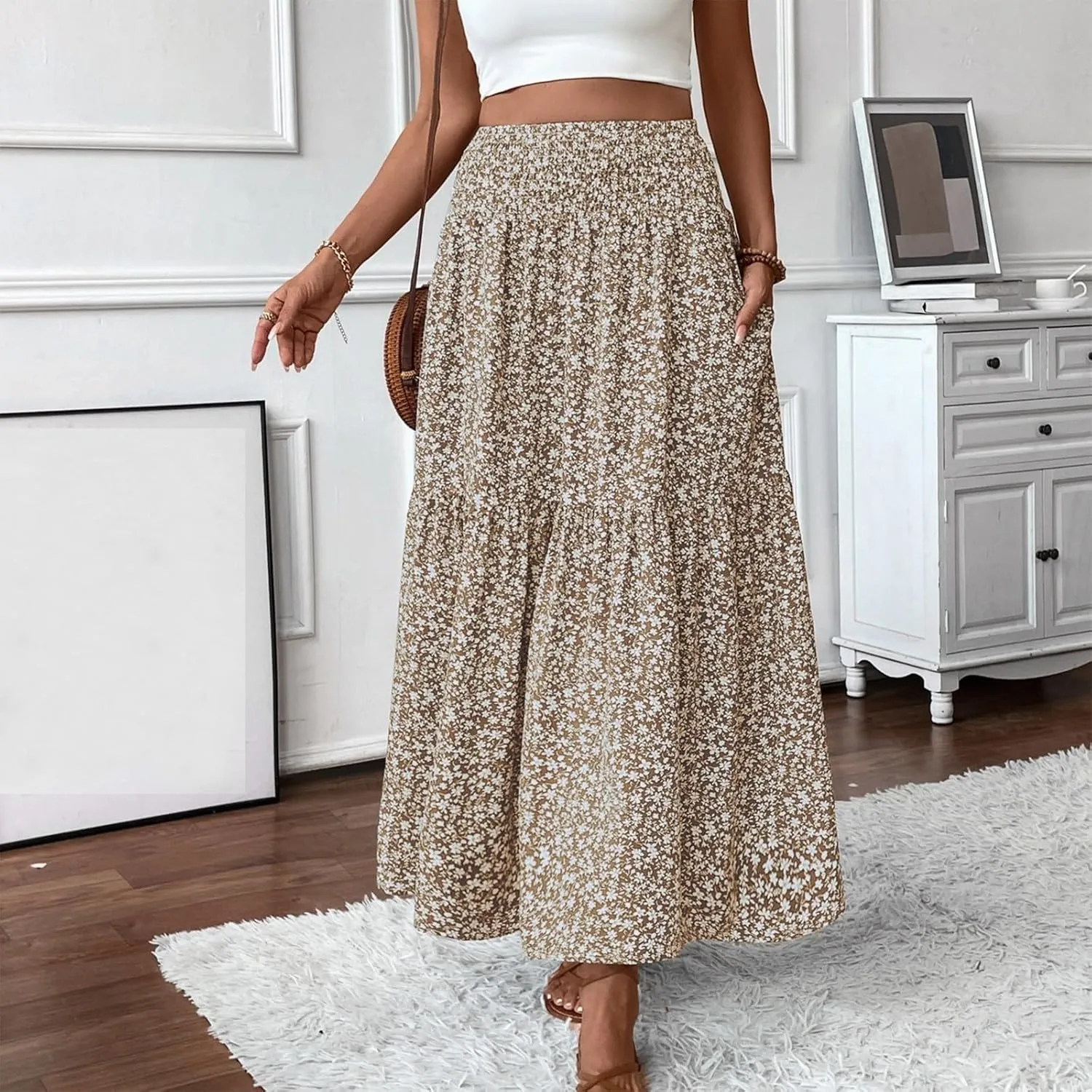 Floral Print Skirt for Womens High Waisted Elasic Cotton Bboho Skirts Casual Flowy Swing Pleated A-Line Maxi Skirt