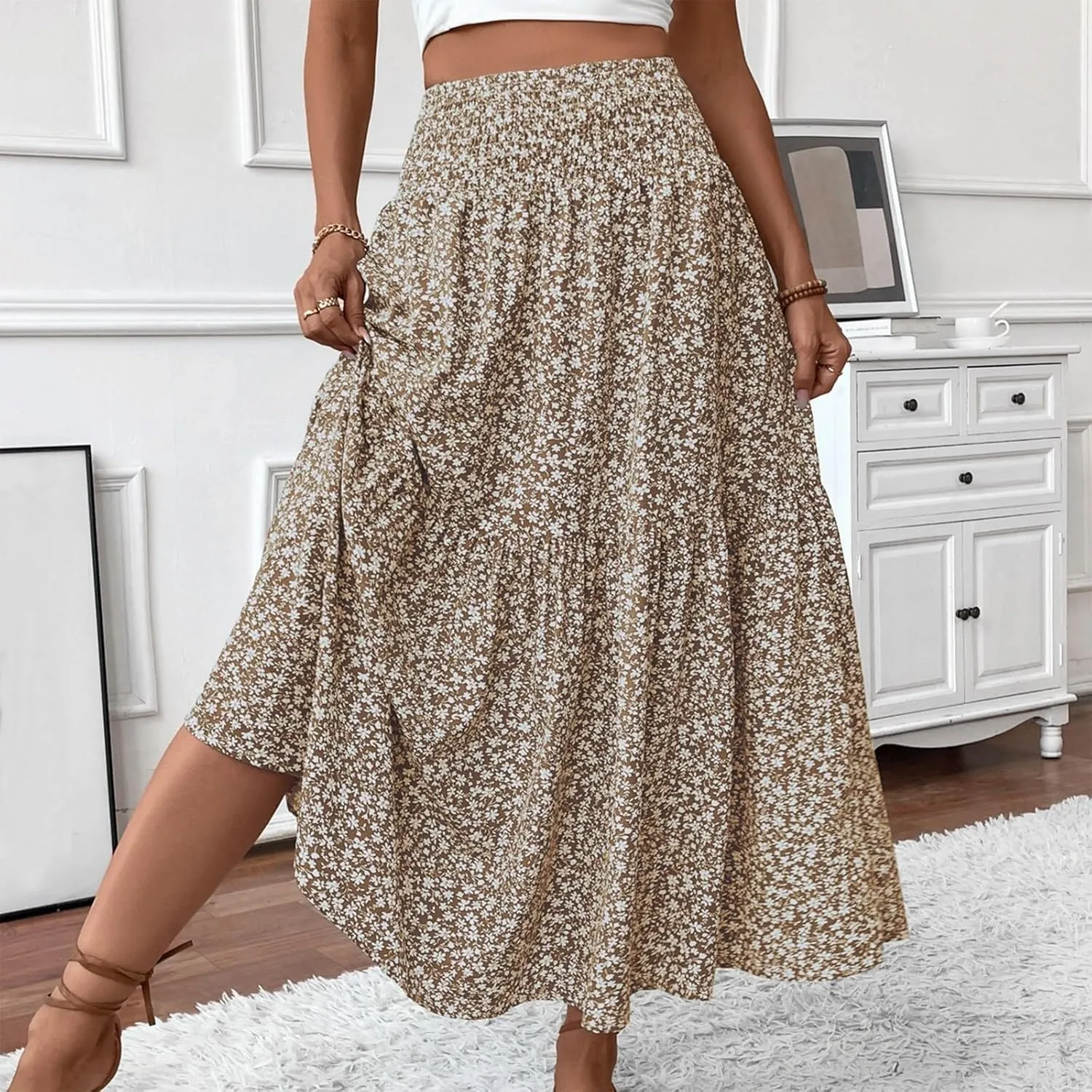 Floral Print Skirt for Womens High Waisted Elasic Cotton Bboho Skirts Casual Flowy Swing Pleated A-Line Maxi Skirt