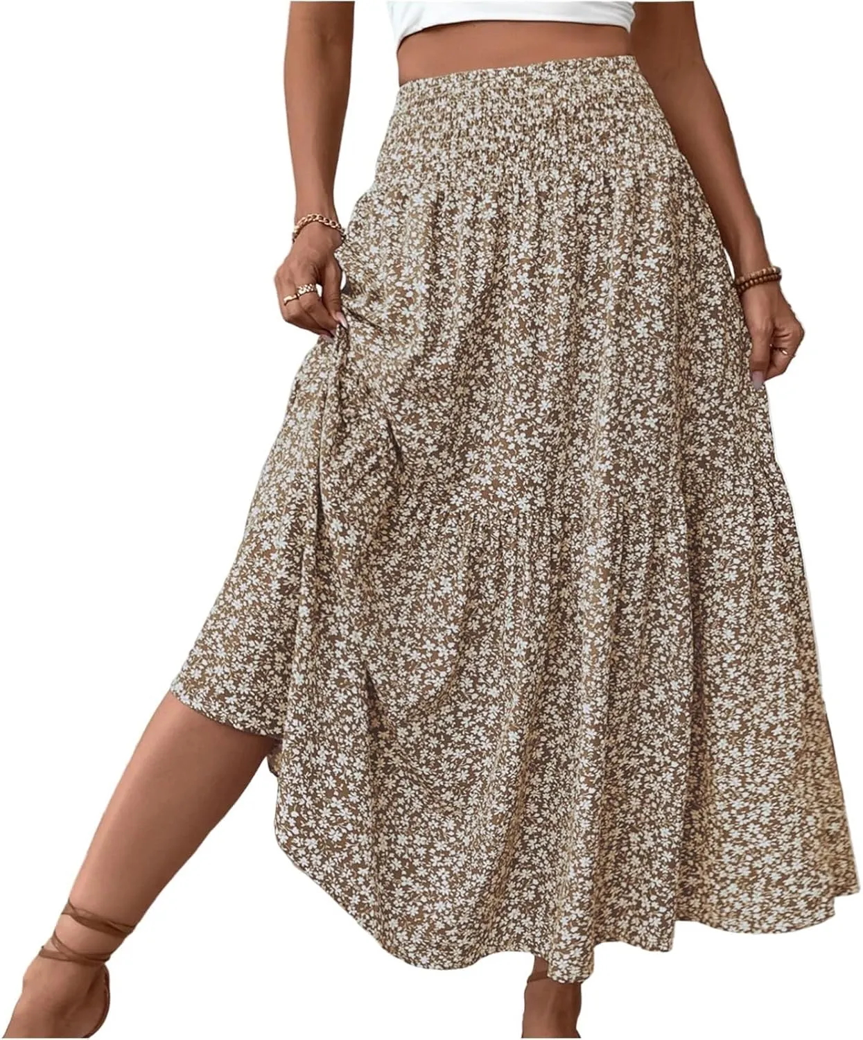 Floral Print Skirt for Womens High Waisted Elasic Cotton Bboho Skirts Casual Flowy Swing Pleated A-Line Maxi Skirt