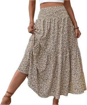Floral Print Skirt for Womens High Waisted Elasic Cotton Bboho Skirts Casual Flowy Swing Pleated A-Line Maxi Skirt