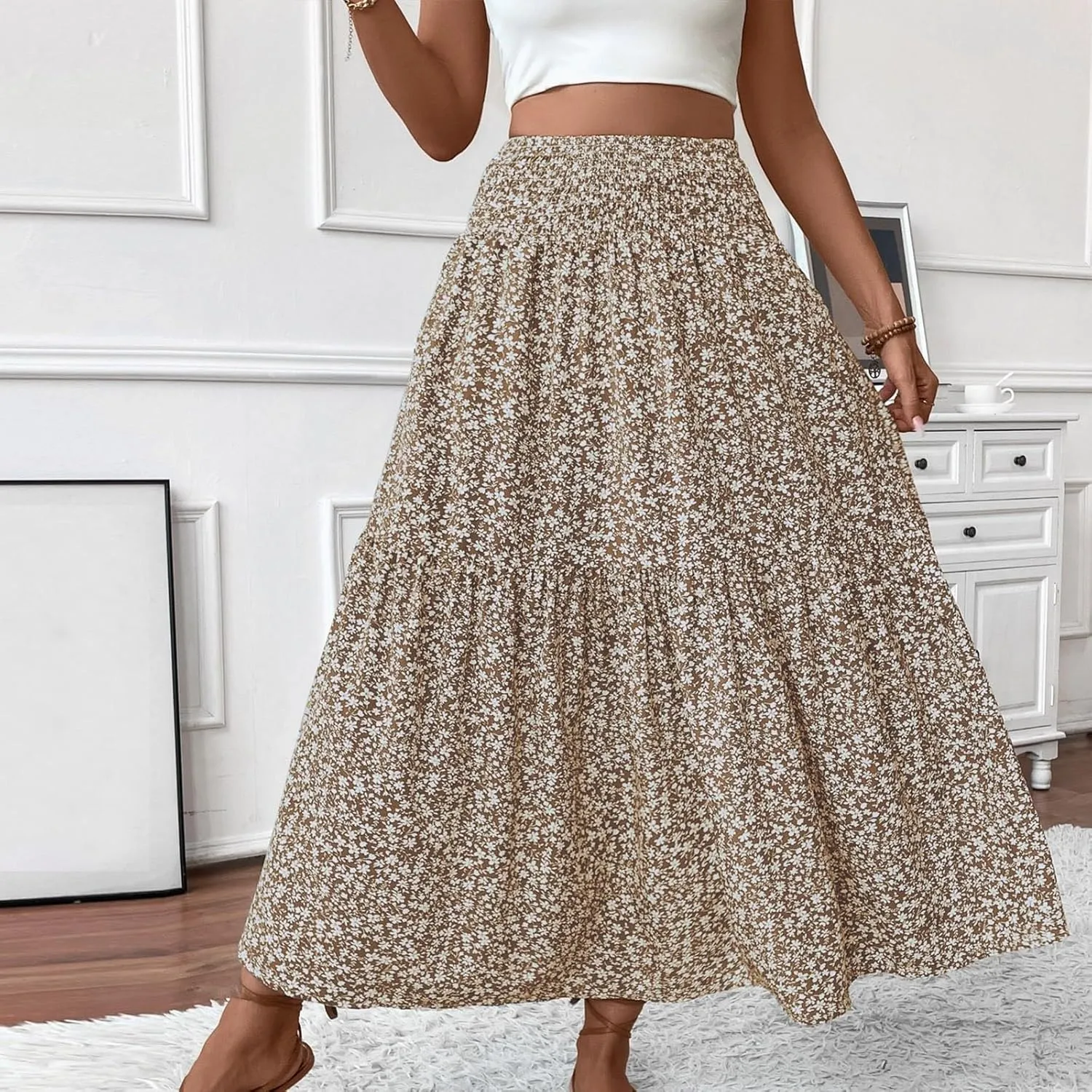 Floral Print Skirt for Womens High Waisted Elasic Cotton Bboho Skirts Casual Flowy Swing Pleated A-Line Maxi Skirt
