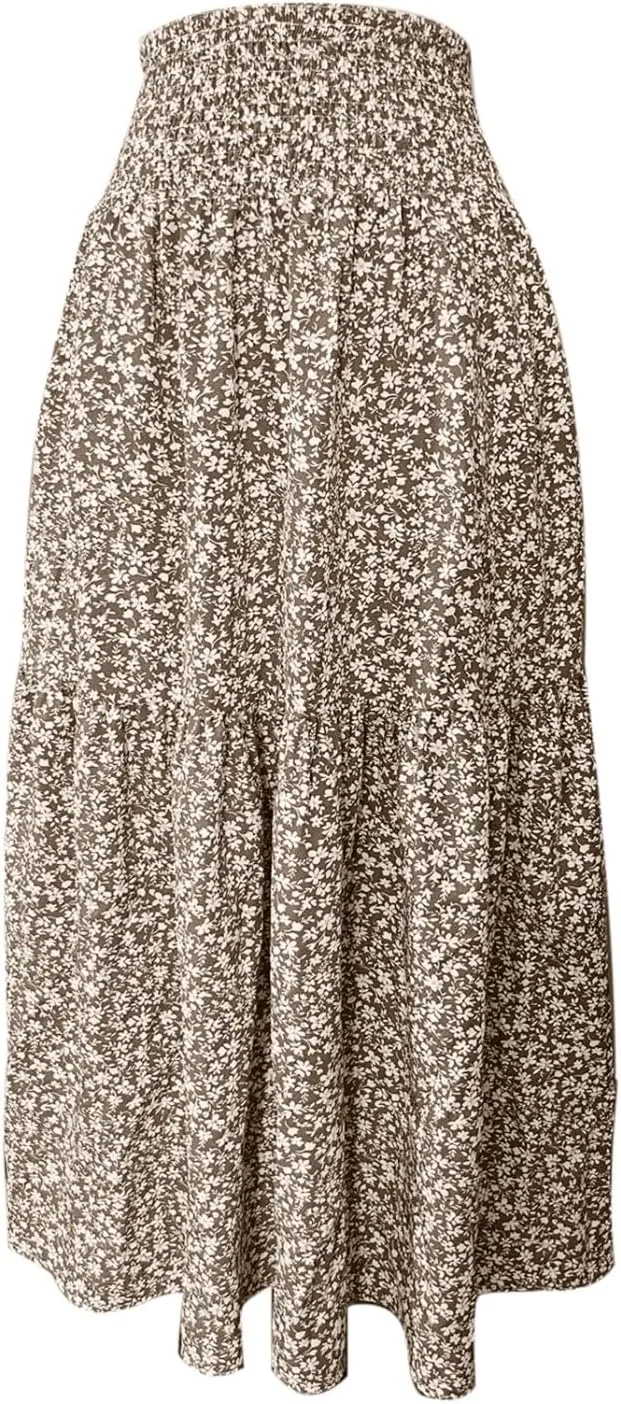 Floral Print Skirt for Womens High Waisted Elasic Cotton Bboho Skirts Casual Flowy Swing Pleated A-Line Maxi Skirt