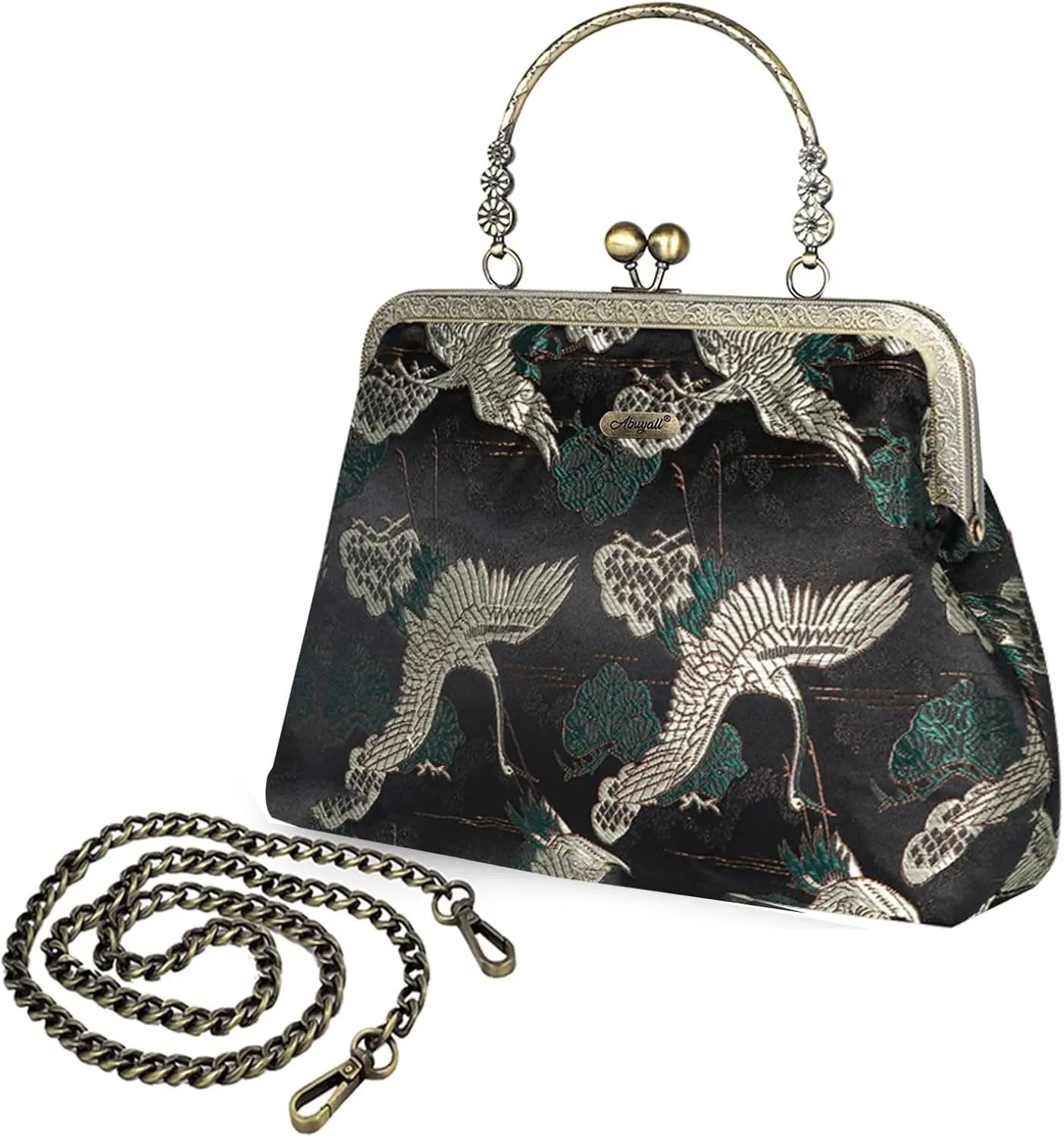 Floral Top-Handle Handbag, Kiss Lock Evening Bag for Women, Vintage Handbag
