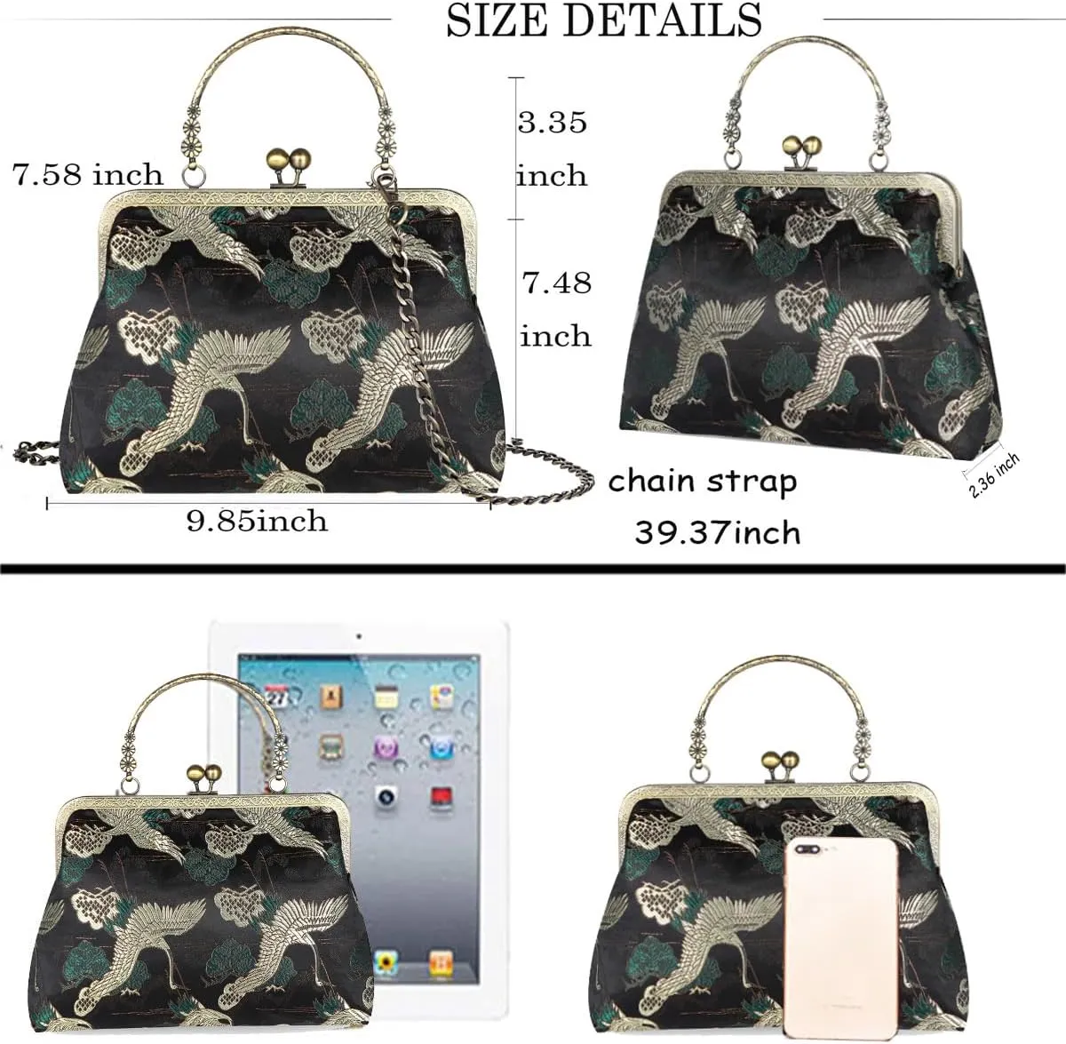 Floral Top-Handle Handbag, Kiss Lock Evening Bag for Women, Vintage Handbag