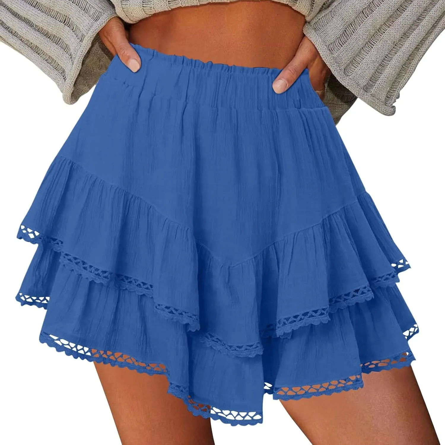 Flowy Shorts for Women Casual 2025 Boho Ruffle Tiered Skorts Elastic High Waisted Cute Mini Skirts Golf Tennis Shorts