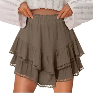 Flowy Shorts for Women Summer Casual Boho Ruffle Tiered Skorts High Waist Mini Skirts Golf Tennis Lace Crochet Shorts