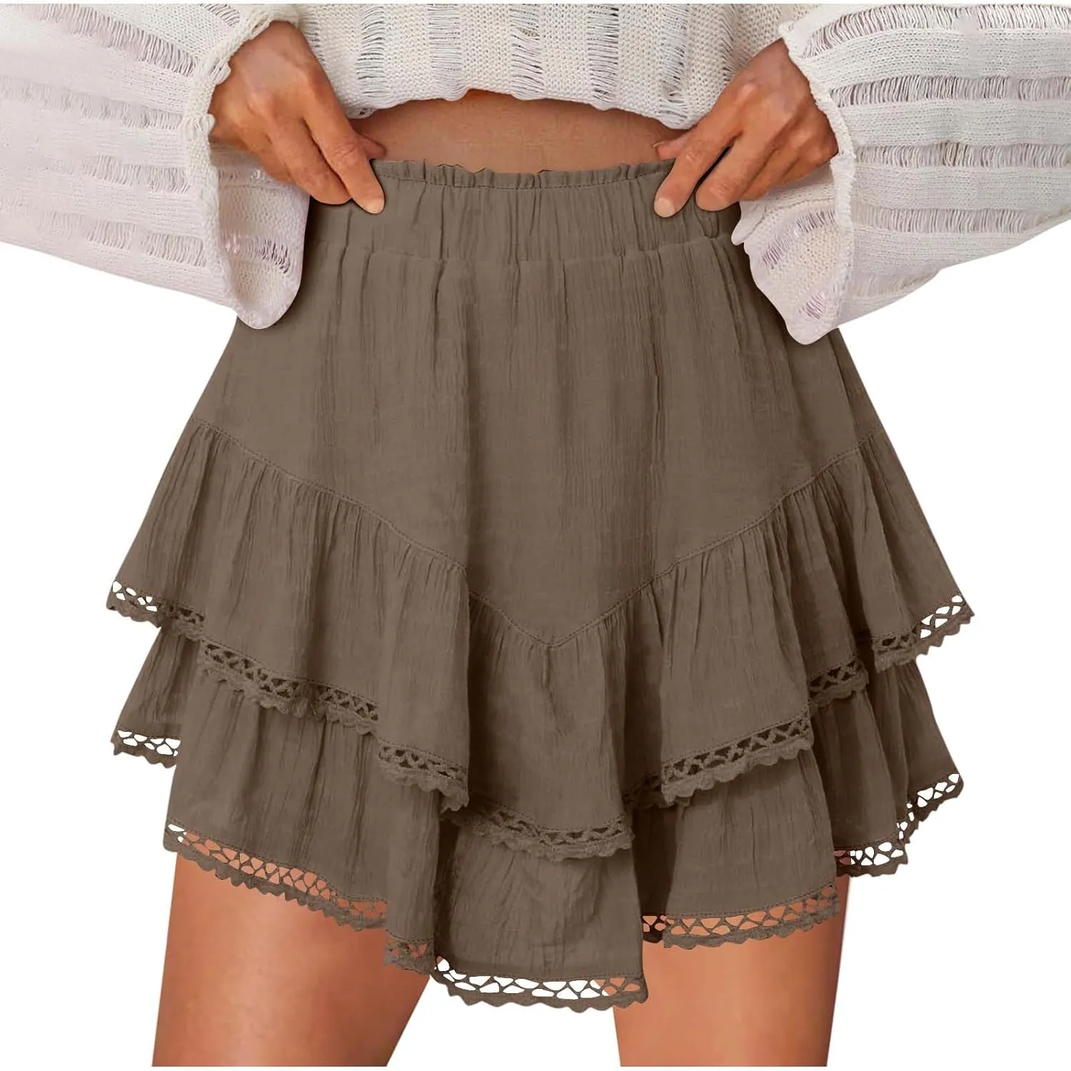 Flowy Shorts for Women Summer Casual Boho Ruffle Tiered Skorts High Waist Mini Skirts Golf Tennis Lace Crochet Shorts