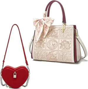 FOXLOVER Women's Heart-Shaped Crossbody Handbag and Embroidery Satchel Top Handle bag